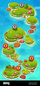 Game level map with green islands in sea and icons with numbers. Top view of blue water and islands with grass, stones and pink gems, vector cartoon i Stock Vector Image & Art - Alamy