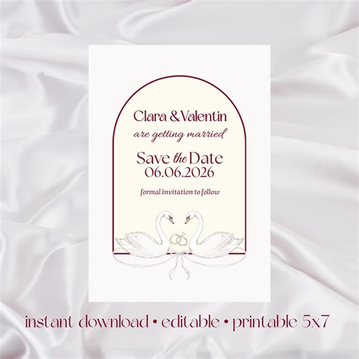 Wedding Save the Date Template, Romantic Swan Invitation, Printable Save the Date Card, Digital Download - Etsy