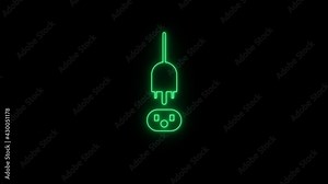 Linear neon animation of blue plug and socket on black background. Motion graphic, 4K video