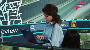 Supervisor following delivery truck route on the satellite map, using gps coordinates and navigation in control center headquarters. Manager overseeing order tracking and shipment. Camera A.
