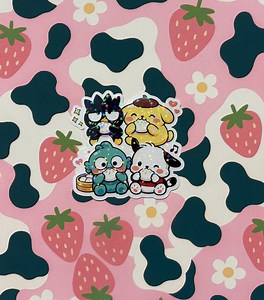 Sanrio Friends Eating Dumplings Sticker – Pompompurin, Pochacco, Badtz-maru & Hangyodon | Cute Holographic Kawaii Vinyl Sticker - Etsy