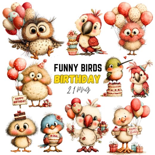 Funny Birds Birthday Clipart: Whimsical Happy Birthday Graphics, Digital Download, 21 PNG - Etsy