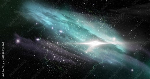 Flare emerging igniting nebula, teal purple bands forming, particles streaking left, showing motion