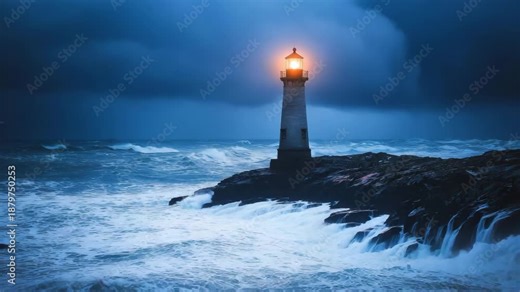 Waves crash against the lighthouse during a storm at night near the coast