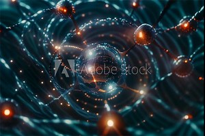 Artificial Intelligence merging with Quantum Computing and Blockchain, close-up in a dark, Augmented Reality