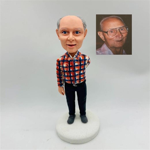 Custom Elderly Man Bobblehead-red Plaid Shirt&black Pants Clay Figurine - Etsy