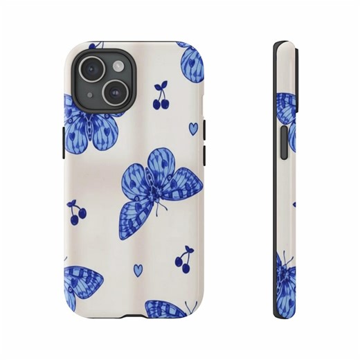 Blue Butterfly Phone Cases, Cherry Heart Pattern Case, Cute Floral Cover, Modern Phone Accessories, Nature Aesthetic Phone Cases - Etsy