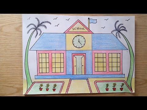 رسم مدرسه سهل جدا بالخطوات.//.رسم مبنى المدرسه والتلاميذ بسهوله//easy school drawing