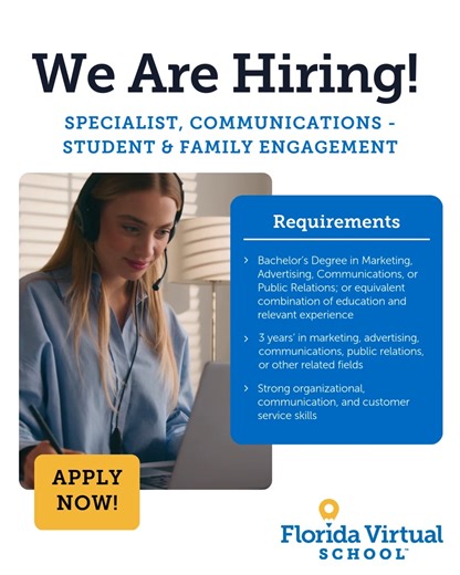 We're looking for a passionate communicator dedicated to strengthening connections with students and families. If you're inspired by storytelling, engagement, and making a meaningful impact in virtual education, this could be the perfect fit. 💼 Bring your creativity. 💬 Amplify student and family voices. 💡 Help shape engaging communication that drives connection and success. Ready to make a difference? Explore the role and apply today: https://bit.ly/4quoDEi The deadline to apply is 11:59 p.m.