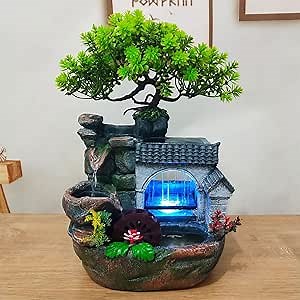 Indoor Tabletop Water Fountain, Desktop Waterfall Fountain Decor w/LED Lights, Rockery, Windmills, Artificial Plant, Perfect for Office, Home, Bedroom Desk Decoration(Style-D, Without Humidifier)