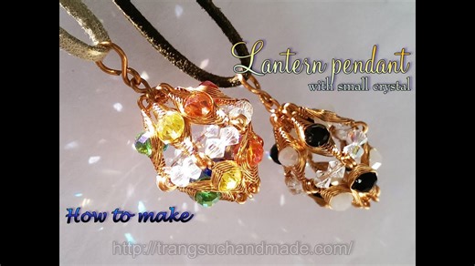 Lantern pendant with small crystal - Herringbone wire wrap bead 391