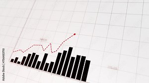 Animated financial chart with rising and falling black bars, a red trend line, and an upward arrow, depicting positive and negative business trends with a grid background and depth of field effect.