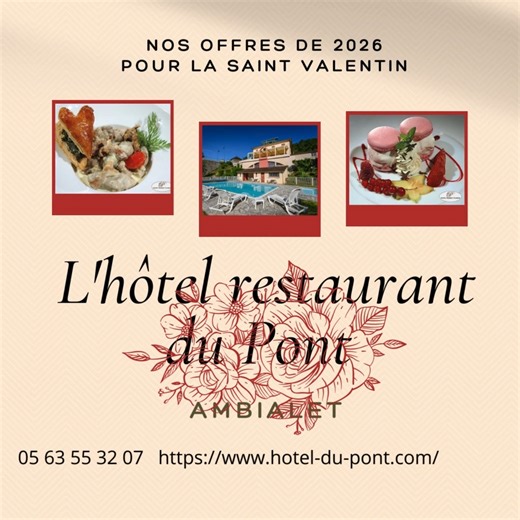 ✨ Dans un mois, l’Hôtel Restaurant du Pont rouvrira ses portes ✨ Une réouverture placée sous le signe de l’amour et du partage 💖, à l’occasion de la Saint-Valentin, nous vous proposons deux offres d’exception : Expérience Romantique 💑 et Moment de Privilèges à Deux 🥂. Laissez-vous porter par une parenthèse enchantée à vivre à deux… 💫💝 📪 4095 route d'Ambialet 81340 SAINT-CIRGUE 📍 Tarn, cœur d'Occitanie, 📍 à 1h de Toulouse, 📍 à 30min d'Albi, 📍 à 2h20 de Montpellier ☎ 05 63 55 32 07 👁‍🗨
