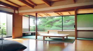 Modern Japanese living room with wooden floor, featuring ample natural light streaming through glass windows and doors, creating an inviting and spacious interior ambiance