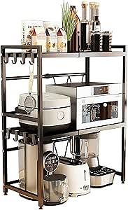 Expandable Microwave Stand Countertop, 3 Tier Heavy Duty Over Microwave Shelf Countertop with 8 Hooks,Height Adjustable Carbon Steel Microwave Oven Rack Shelf for Kitchen,Holds 132lb,Black