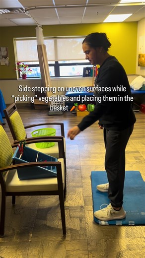 🌱 Gardening Simulation | OT Activity 🌱 Bring the garden indoors with this functional OT activity! Pts side-step across a yoga mat with beanbags underneath, use resistive clothespins on a horizontal rod to simulate pulling vegetables from the ground, then side-step to place the “vegetable” in a basket. This activity targets lower body coordination, UE strength, balance, and functional motor planning. Skills addressed: • Lower extremity coordination & balance • Side-stepping & dynamic stability 