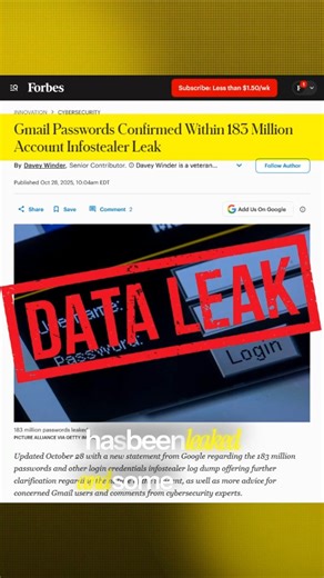 Hackind_tech on Instagram: "⚠️ 183 Million Gmail Passwords Exposed! ⚠️� No, Gmail wasn’t hacked — your device was.� This massive leak came from Infostealer malware that steals passwords saved in browsers like Chrome and Edge.� If you’ve ever saved your Gmail login, your credentials might be in this 183M dump. 🔒 Check your email on haveibeenpwned.com� ⚡ Change your passwords� 🧠 Enable 2FA� 🛑 Stop saving passwords in browsers Stay alert, stay cyber safe. #cybersecurity #gmailleak #infostealer #