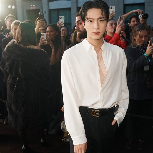 Global Brand Ambassador Jin from BTS is captured ahead of the premiere of THE TIGER in Milan wearing a look from Gucci "La Famiglia." | Gucci