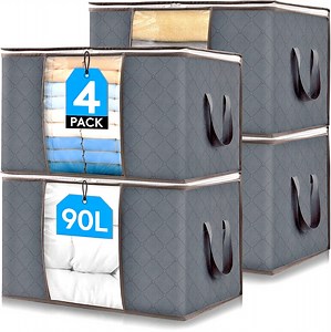 4 Pack 90L Large Storage Bags for Clothes, Foldable Closet Organizers Storage Containers,Totes for Storage,Moving Bins with Reinforced Handle for Blanket, Comforters, Sheets, Pillows and Toys (Gray)