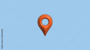 Location Pin. The orange pin and wiggle alert. to pinpoint a location on the map. Animation of 3D map pointer bouncing and turning in loop. On blue background for alpha. 3D render animation.