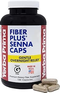 Yerba Prima Fiber Plus Senna Capsules, 180 Count - Gentle Overnight Relief, USA Made, Non-GMO, for Short-Term Use to Restore Regularity