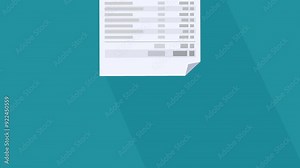 Animation loop of an invoice appearing from the bottom to place in the center and disappearing at the top on a blue background with long shadow (flat design)