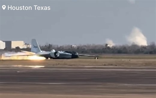 Watch wild footage captured after a NASA WB-57 research aircraft was forced to make a belly landing at Ellington Airport in Houston, Texas, after its landing gear reportedly failed to deploy when it landed flames and sparks can be seen coming from the jet. Emergency responders quickly rushed to the scene as the pilot safely exited the cockpit. NASA later confirmed that a mechanical issue led to a gear-up landing involving one of its WB-57 aircraft. All crew members are safe, and no injuries were