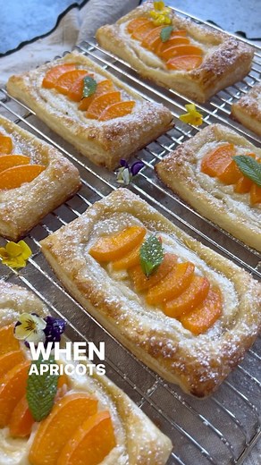 When apricots are in season we make Apricot Danish Pastry! These are so easy and delicious and they will make you look like a pastry chef! Ingredients: 14 oz @dufourpastrykitchens puff pastry Powdered sugar Mint leaves Macerated apricots: 3 ripe apricots 2 tbs sugar 1 tbs maple syrup 1 tbs butter, melted Cream cheese mixture: 4 oz soften cream cheese- at room temperature 2 tbs sugar 1 tsp vanilla extract Egg wash 1 beaten egg 1 tsp water Method: 1. Thaw puff pastry according to package instructi