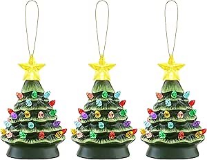 Mr. Christmas Nostalgic Ceramic Christmas Tree with LED Lights Indoor Decoration, 5.5 Inches, Set of 3, Green Ornaments