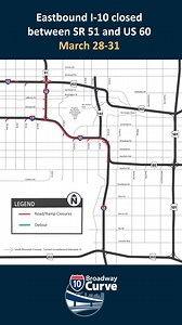 🚧 I-10 CLOSURE 🚧 Watch for this closure in the I-10 Broadway Curve Improvement Project area. Eastbound I-10 will be closed between SR 51 and US 60 from 10 p.m. Friday, March 28, to 4 a.m. Monday, March 31, for a traffic shift. At the same time, the following ramps will be closed: 🚧 The southbound I-17 ramp to eastbound I-10. 🚧 The westbound Loop 202 ramp to eastbound I-10. 🚧 The southbound SR 51 ramps to eastbound I-10. 🚧 The southbound SR 143 ramps to eastbound I-10. 🚧 The eastbound I-10
