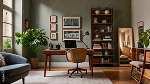 Video footage of well organized home office in a room with green walls.