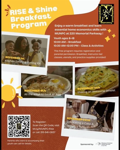 MUNPC Launches ‘Rise and Shine’ Breakfast Program to Empower Utica Youth POSTED: October 30, 2025 Utica — The Mid Utica Neighborhood Preservation Corporation (MUNPC) is launching a new Rise and Shine Breakfast Program for local youth ages 8 to 18. The free program will take place at the Parkway Recreation Center, located at 220 Memorial Parkway. Breakfast will be served each Saturday from 10:00 a.m. to 10:30 a.m., followed by a home economics course taught by community elders and partners. Organ