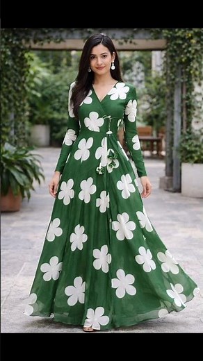 Elegant Green Floral Long Dress | Stylish Full Sleeve Maxi Dress for Women