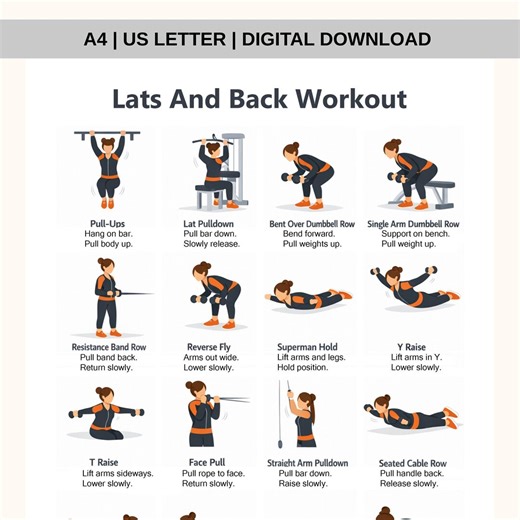 Lats and Upper Back Workout Printable PDF | Lat and Back Exercise Chart | Home Gym Posture Exercise Poster - Etsy