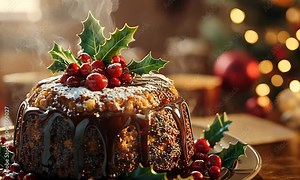 Traditional Christmas pudding with holly on top, steaming from the oven, ready to be served with warm brandy sauce. . Video