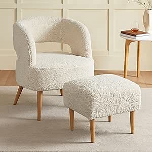 Accent Chair with Ottoman Teddy Fleece Upholstered Armchair Mid-Century Modern Comfortable Chairs and Ottoman Set with Wooden Legs for Living Room, Bedroom(Beige)