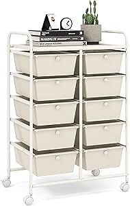 LDAILY 10 Drawer Rolling Cart, Storage Cart Organizer on Wheels, Drawer Cart with Metal Frame & Large Storage Capacity, Rolling Cart with Drawers for Living Room Classroom, Office