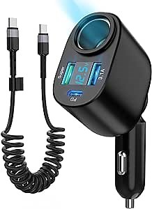 90W Car Cigarette Lighter Adapter, USB C Car Charger with 2 USB+1 Type-C QC 3.0 Charging Ports & 4FT Coiled USB C Charger Cord for Car, 90W 1-Socket Car Cigarette Lighter Splitter for Phone/Tablet/GPS