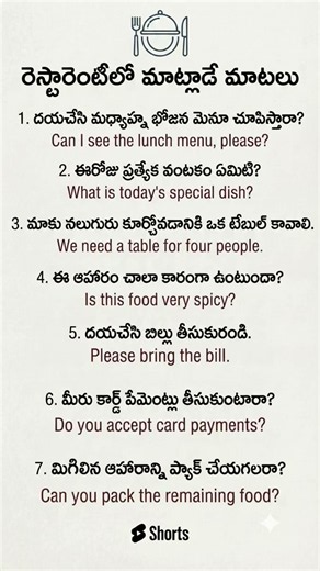 రెస్టారెంట్‌లో మాట్లాడే ఇంగ్లీష్ మాటలు | Learn English in Telugu #spokenenglish #telugu #sentences