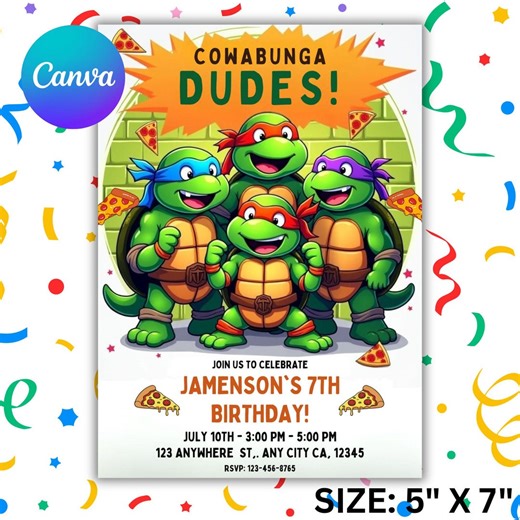 Editable Ninja Turtle Birthday Invitation: Kids Party Template (digital Download 5x7in Canva Template) - Etsy Australia