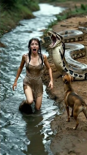 Giant Python Attacks Woman in River 😨 Dog Fights Back!! snake attack🐍! #ytshorts #shocking #wildlife