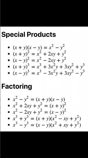 Special Products, Factoring | maths formulas