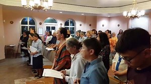 Guam faithful sing the Chamorro hymn UMATUNA I SENSANTOS during the recessional after Father Tom McGrath, SJ gives his final blessing at the memorial Mass for the late Sister Anastacia Baltazar, SSND Feb. 4 in Hagatna, Guam. Pls. share with Chamorro Catholics, friends and family abroad. | Umatuna Si Yu'os