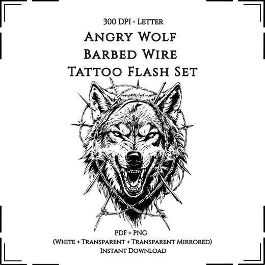 Angry Wolf Barbed Wire Tattoo Flash Set | Bold Blackwork Large Designs - Etsy