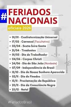 [atualizada] lista de feriados 2026