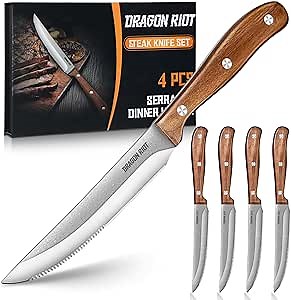 DRAGON RIOT Steak Knives Set of 4, Ultra Sharp Steak Knife Set Japanese VG-10 Stainless Steel Serrated Steak Knives Full Tang Wood Handle with Gift Box