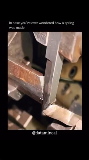 @datamineai on Instagram: "NEW everyday 🤖🤯 A spring is made by first selecting a suitable material, typically steel or stainless steel, and drawing it into a thinner wire. The wire is then coiled into the desired shape using a machine, and heat-treated to harden and improve its flexibility. Afterward, the spring may be polished or coated for protection. Finally, it undergoes testing to ensure it meets the required strength and performance standards. Via: dm for credit/removal #technology #engi