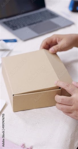 Senior asian businesswoman applies shipping label on carton, aligns barcode sticker, checks invoice and receipt list, secures parcel packaging for delivery logistics in home studio workspace.