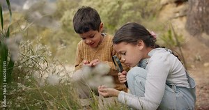 Adventure, nature and children exploring in the mountain for outdoor discovery together. Magnifying glass, fun and young kids playing with plants for research on a hike in countryside on vacation.