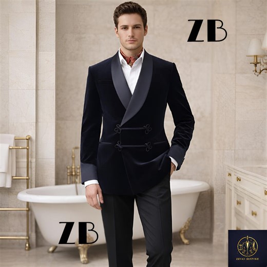 Navy Velvet Smoking Jacket Men Frog Closure Blazer Satin Lapel Vintage Tuxedo Old Money Custom Suit Jacket Zevan Bespoke Menswear - Etsy